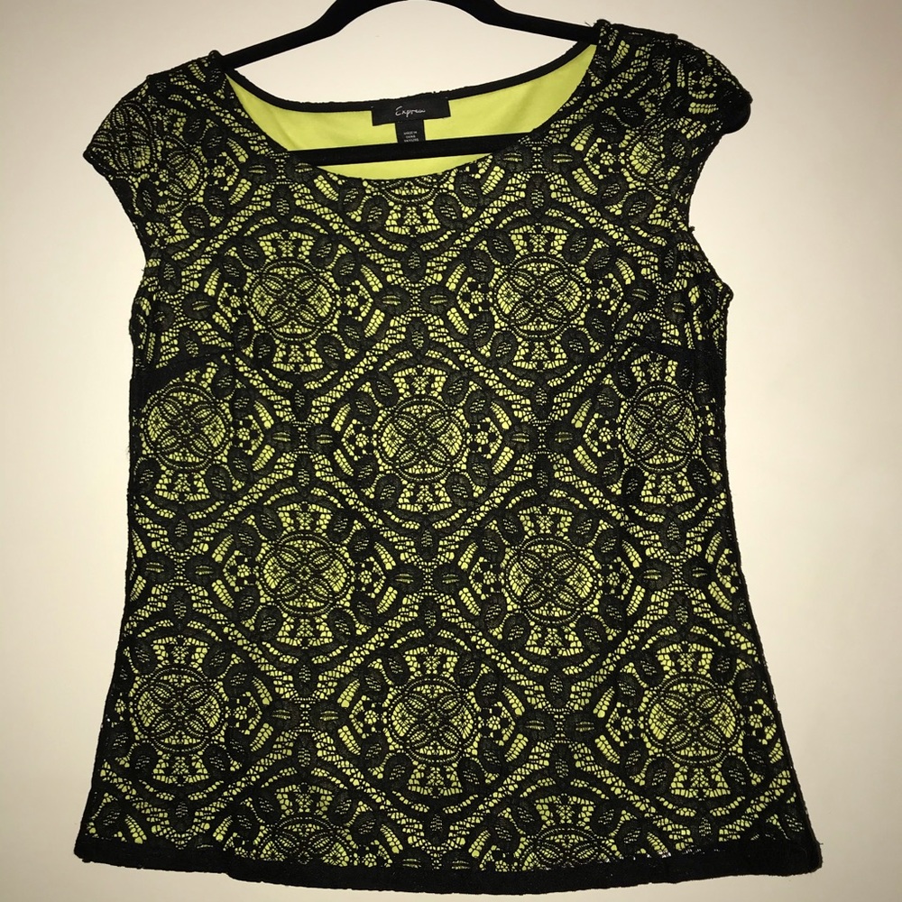 Express Black Lace Cap Sleeve Blouse Chartruese